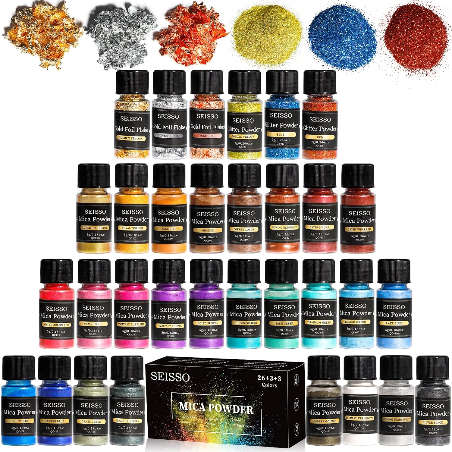 Mica Powder-32 Colors Epoxy Resin Pigment Powder for Soap Making, Nail Polish, Candle Making, Bath Bombs, Slime Dye