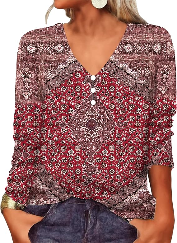 Boho Tops for Women 2025 Fall Long Sleeves Vintage Ethnic Floral Blouse Dressy Casual V Neck Button Shirts