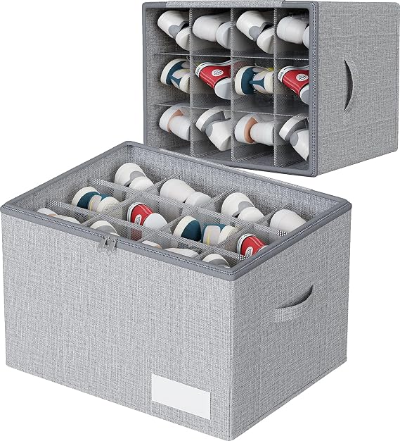 Fabric Shoe Storage Box, Fits 12 Pairs, Foldable Shoe Organiser for Wardrobe with Clear Lids, Bottom Support and Reinforced Handles, 1 Pack Grey