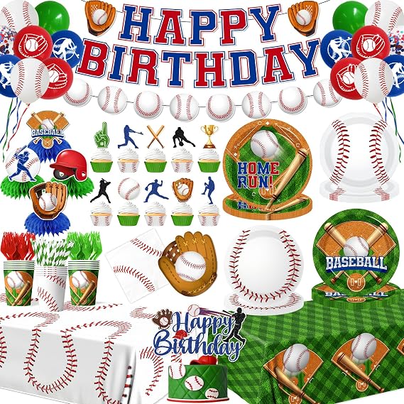 Baseball Party Decorations ,210Pcs Baseball Birthday Party Pack include Baseball Birthday Plates and Napkins, Cake Topper Banner, Large Sport Themed Tablecloth for Boy Party Supplies