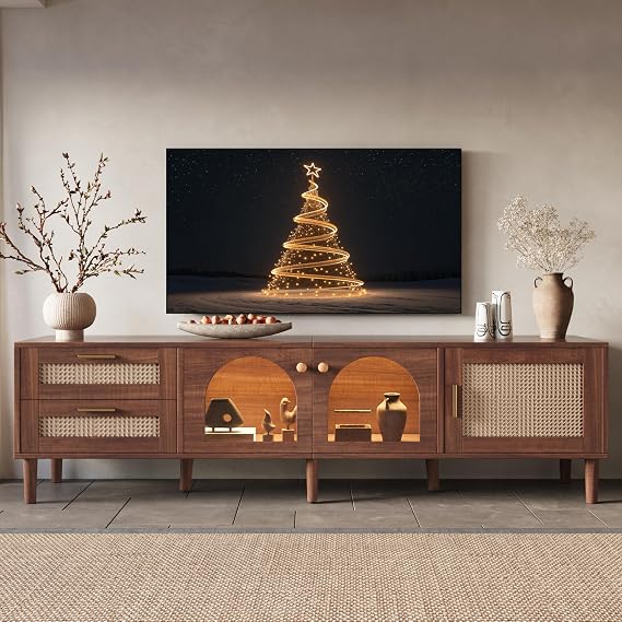 Merax Rattan TV Stand with LED Lights for TVs Up to 80"