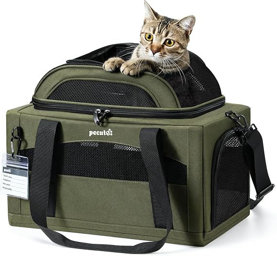 Pecute Expandable Pet Carrier Airline Approved Dog Cat Carrier, Breathable Soft-Sided with Locking Zippers, Pet Travel Bag for Small Dog Cat Anti-Scratch Mesh Leakproof Pee Pad Dark Green