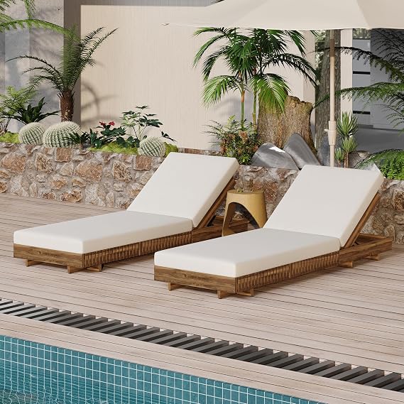 Merax 2-Piece Acacia Wood Chaise Lounge Set w/ 6-Position Adjustable Backrest & Cushion - Outdoor Patio Poolside Furniture, Beige