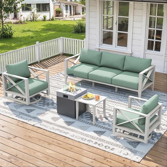 Aluminum Patio Furniture Set with Fire Pit Table, 7-Piece All-Weather Outdoor Conversation Set with Swivel Rocking Chairs, Oversized Modern Sofa for Backyard,Deck,BalconyWhite