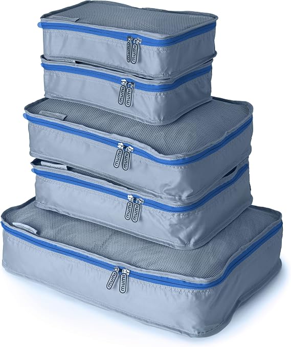 MUMI Packing Cubes Set of 5 - Mesh-Top Luggage Organizers, Blue