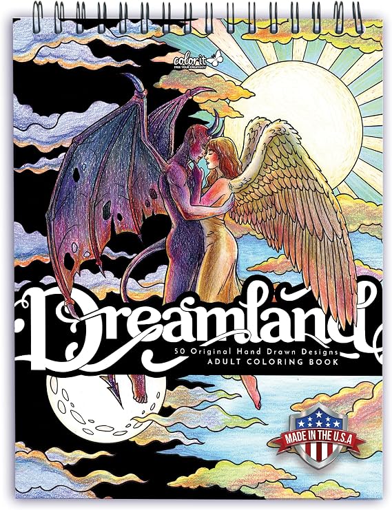 ColorIt Dreamland Spiral Bound Adult Coloring Book, 50 Unique Dream Concepts, Printed Single-Sided on Thick Paper with Hardback Book Cover and Ink Blotter - Angel and Demon Cover by Hasby Mubarok