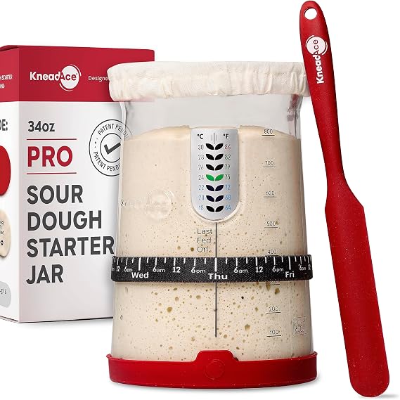 KNEADACE Pro Sourdough Bread Starter Kit - 34 oz Large Capacity Sourdough Starter Jar with 5 unique features for the perfect sour dough bread &