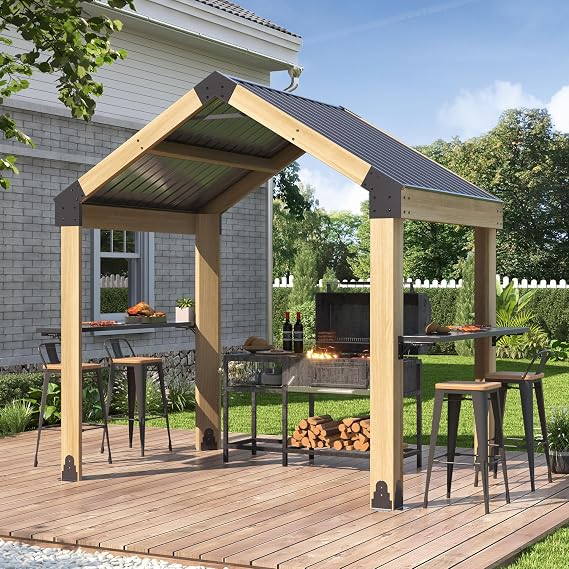 GARTOO 7.7'x5.7' Outdoor Grill Wood Gazebo