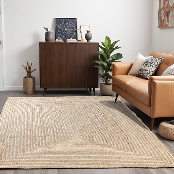 Superior Braided Dyed Jute Handwoven Indoor Area Rug, Jute Floor Decor for Living Room, Dining Room, Bedroom, Office, Apartment, Family Room, Hand-Woven Modern Farmhouse Rugs, 8' x 10', Ivory