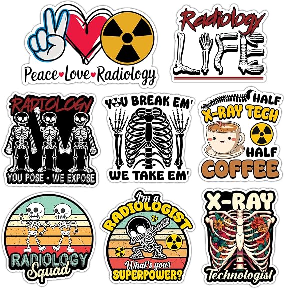 Radiology Sticker 8 Pcs (Large Size) Vinyl X-ray Tech Stickers Laptop Waterproof Decal for Car Bumper Water Bottle Notebook Luggage Window Birthday Decorations - Size 4 Inches