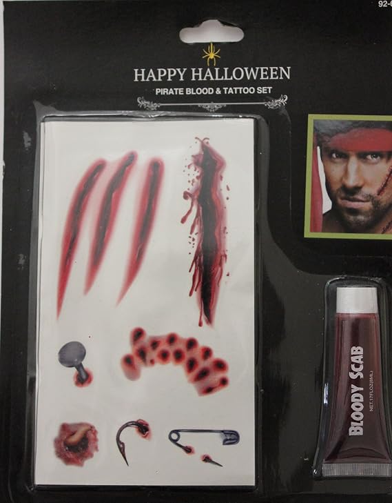 7 Temporary Wound Tattoos and Fake Blood, Bloody Wound, Nails and pins Theme, Great for Halloween!