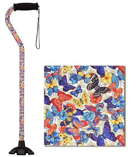 Nova Joy Designer Offset Quad Cane for Seniors - Unisex Adjustable Lightweight Walking Aid with Foam Handle, Wrist Strap and Anti-Rattle Lock - Essential Mobility Support - Butterfly Symphony