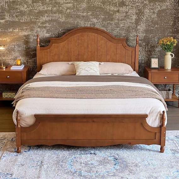 LUXOAK California King Solid Wood Poster Bed, 55" Arched Headboard, Caramel