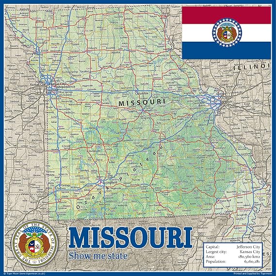 Missouri State Physical Map - 16.5 x 16.5 Inches - Paper Laminated