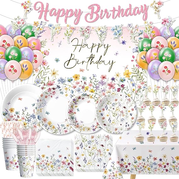 Wildflower Party Supplies, Floral Party Decorations Girl, Serves 24 | Paper Plate, Napkin, Cup, Cutlery, Tablecloth, Backdrop, Banner, Spring Summer Flower Decorations for Birthday, Baby Shower