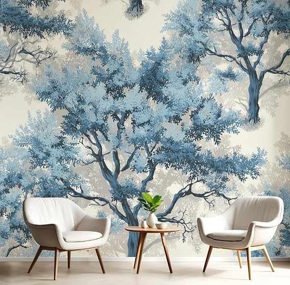 3D Effect Photo Wallpaper Woodland Plants 150×105cm Mural Panoramic Oak Tree Branches Wall Murals, Large Photo Wallpaper Blue Mural Decoration for Living Room Bedroom