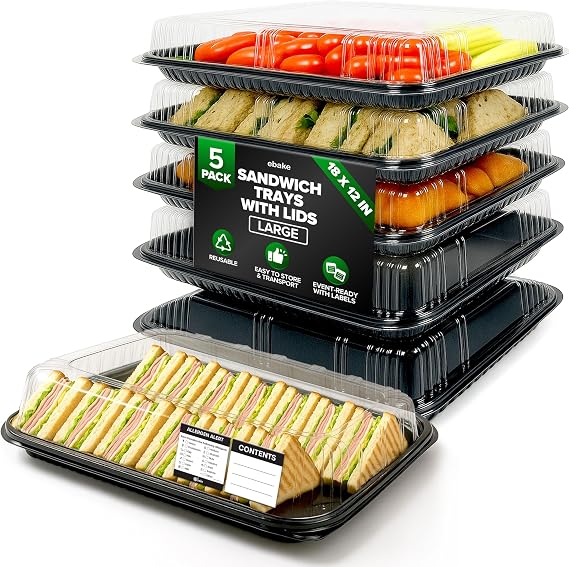 5 Pack Catering Trays with Lids 17" Serving Tray with Lid, Heavy Duty Recyclable Plastic Party Platters for Catering, Buffet, Picnics & Events Food Trays with Clear Lid (17.72 x 12.20 x 2.95 inch)