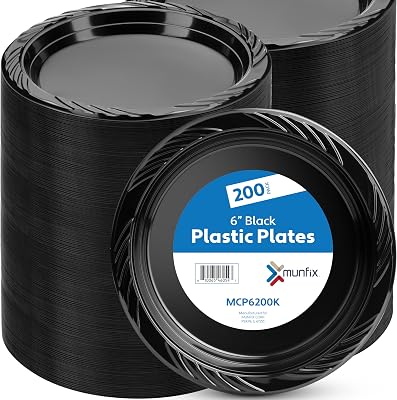 200 Black Plastic Dessert Plates, 6 Inch Disposable Bulk Pack Party Plates for BBQ, Picnic, Parties, Travel and Events, Microwavable Recyclable