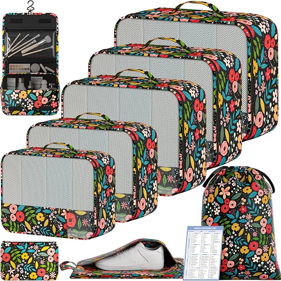 BAGAIL 9 Set Packing Cubes with Packing List Luggage Packing Organizers for Travel Accessories (Black floral)