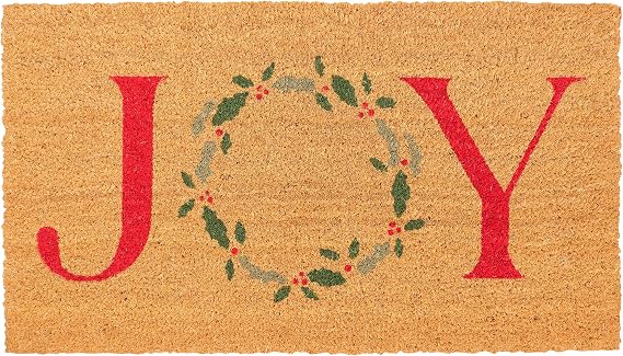 KAF Home Holiday Coir Doormat with Heavy-Duty, Weather Resistant, Non-Slip PVC Backing | 17 by 30 Inches, 0.6 Inch Pile Height | Perfect for Indoor and Outdoor Use (Joy Wreath)